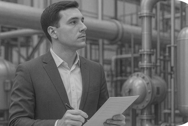 Das Bild eines Menschen welcher in einer Industrieanlage steht